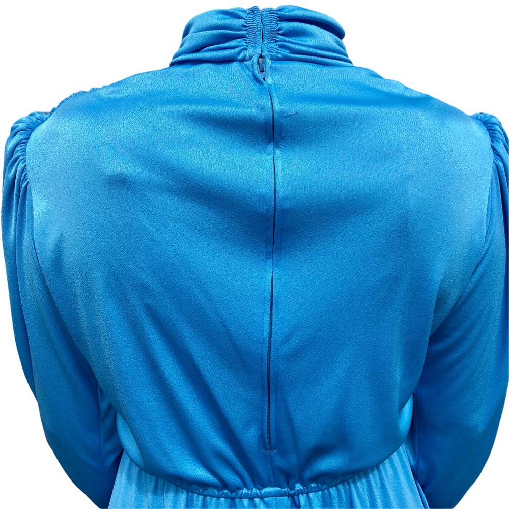 Vintage 70s Blue High Neck Draped Dress - Picture 2 of 9